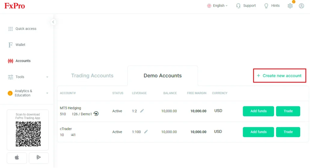 FxPro yeni trading account açma