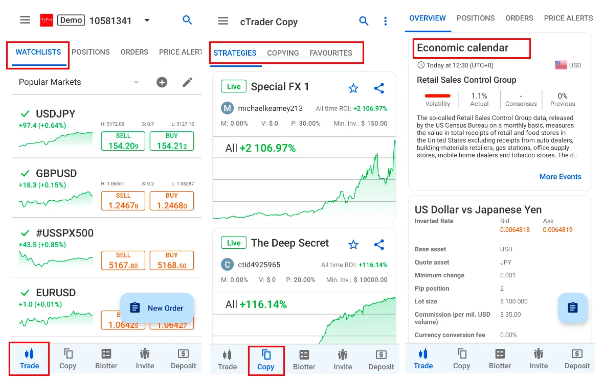 mobile interface ctrader