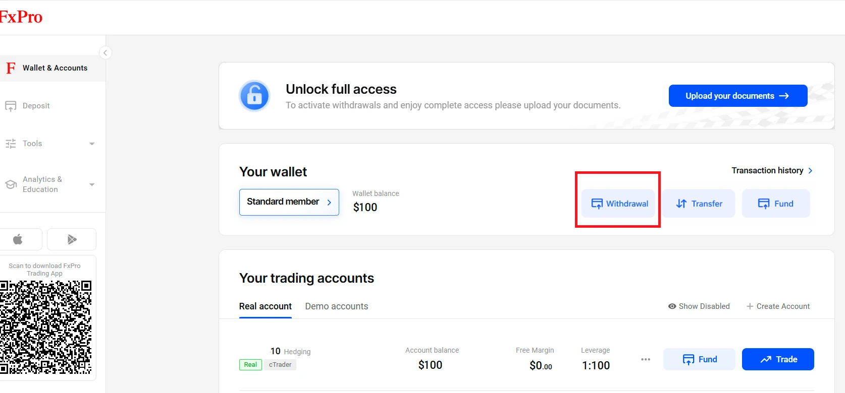 FxPro para çekme işlemi ve Wallet